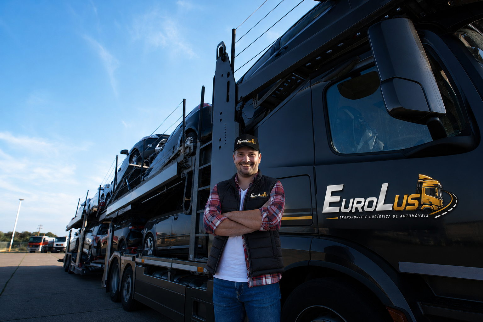 Camião de transporte automóvel EuroLuso com viaturas carregadas